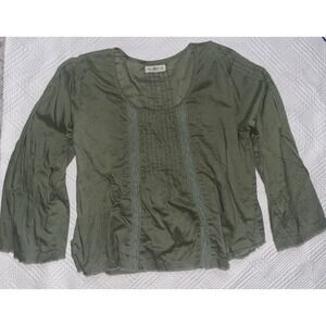 Natural Life Women's Medium Top Olive Long Sleeve Round Neck Boho Raw Hem